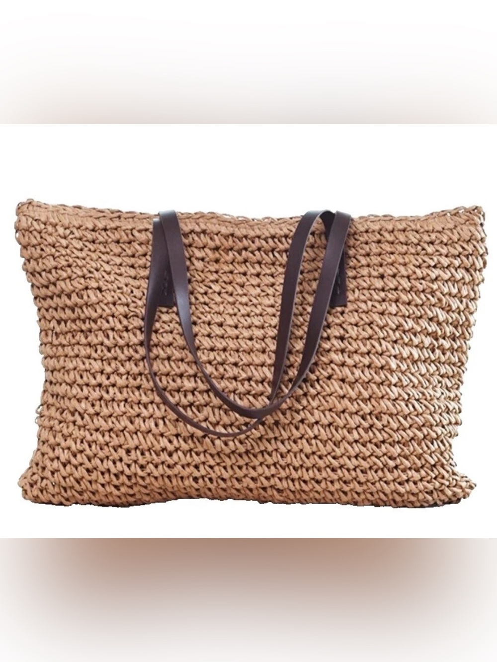 Brown Woven Straw Tote Shoulder Bag Coastal Boho Natural Resort